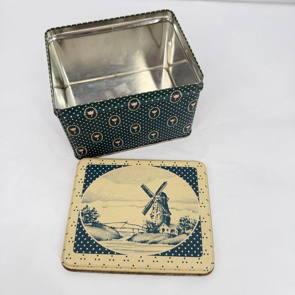 Vintage Windmill Tin‎ Trinket Box Polka Dot Floral Storage Decor Cottage Kitsch